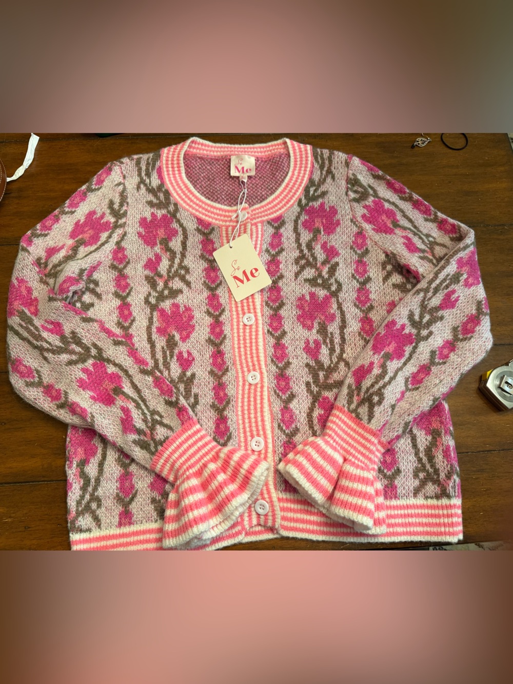 NWT  So Me Floral Intarsia Button Sweater Cardigan Pink Cottagecore LG granny